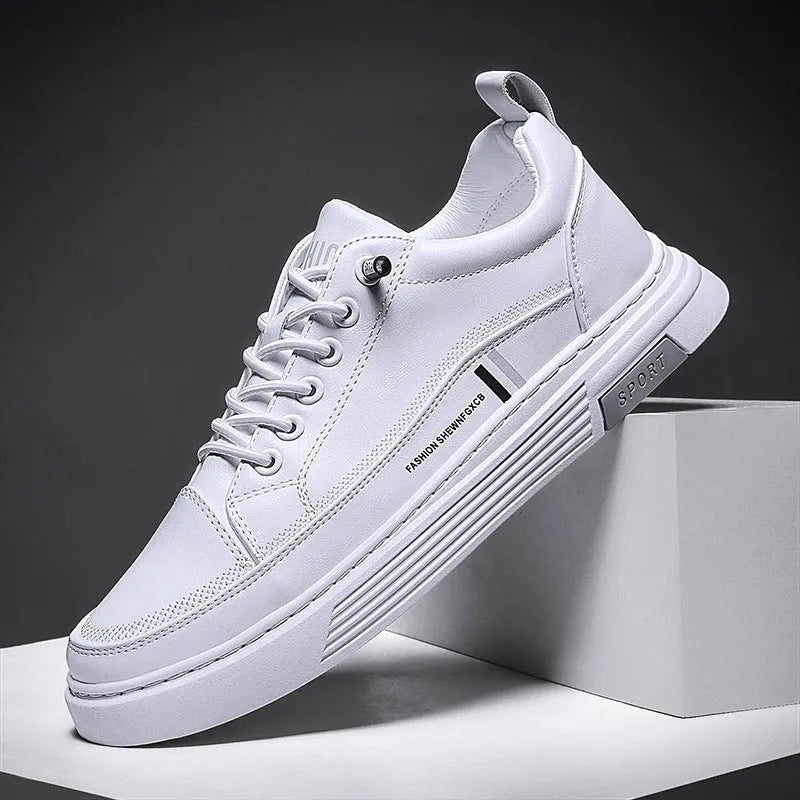 Men's white and black microfiber skateboard shoes with elastic band and rubber sole