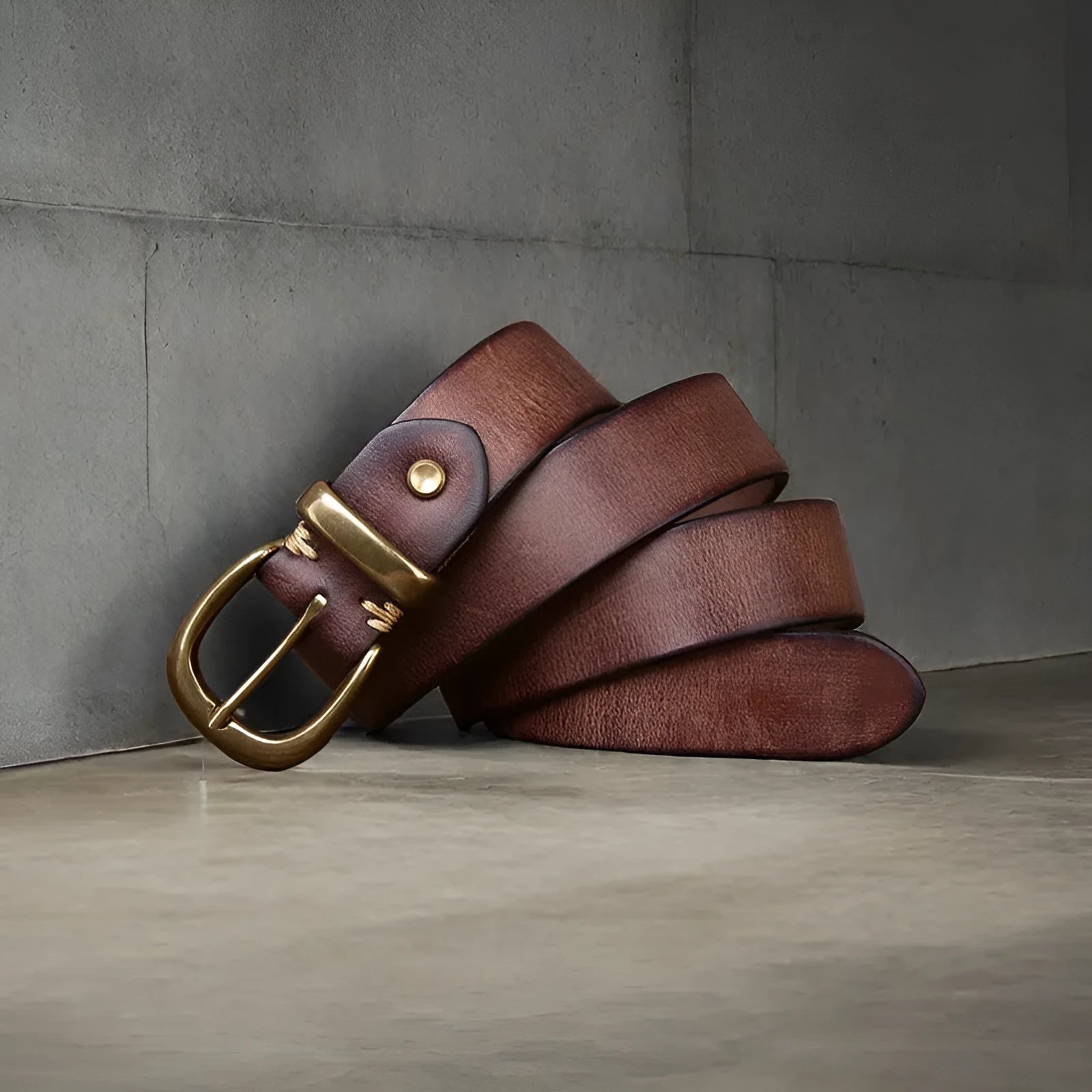 Men's casual jeans belt in cattlehide leather with copper pin buckle in black, brown, or khaki.