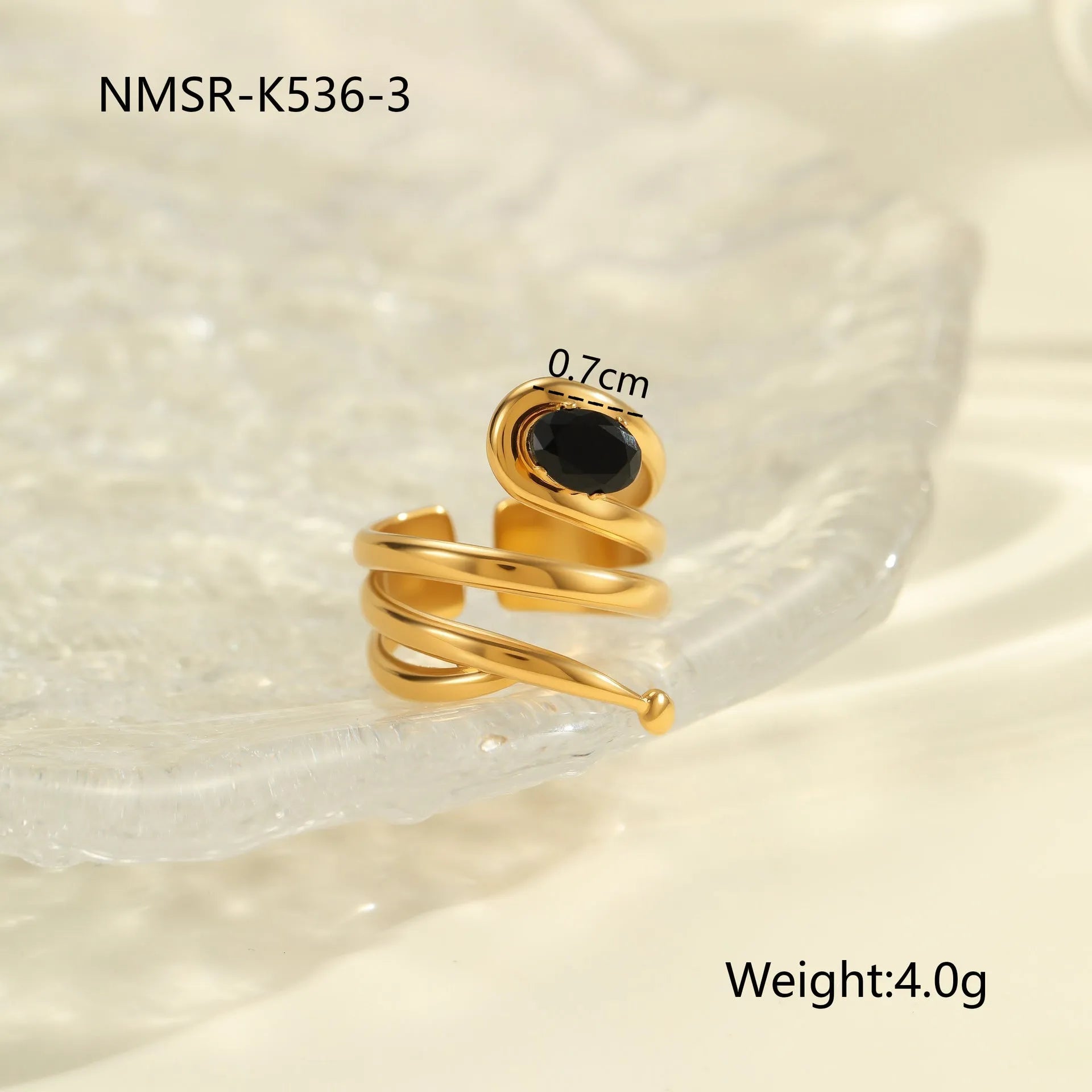Geometric open mouth adjustable ring with inlaid zircon detailing on electroplated stainless steel