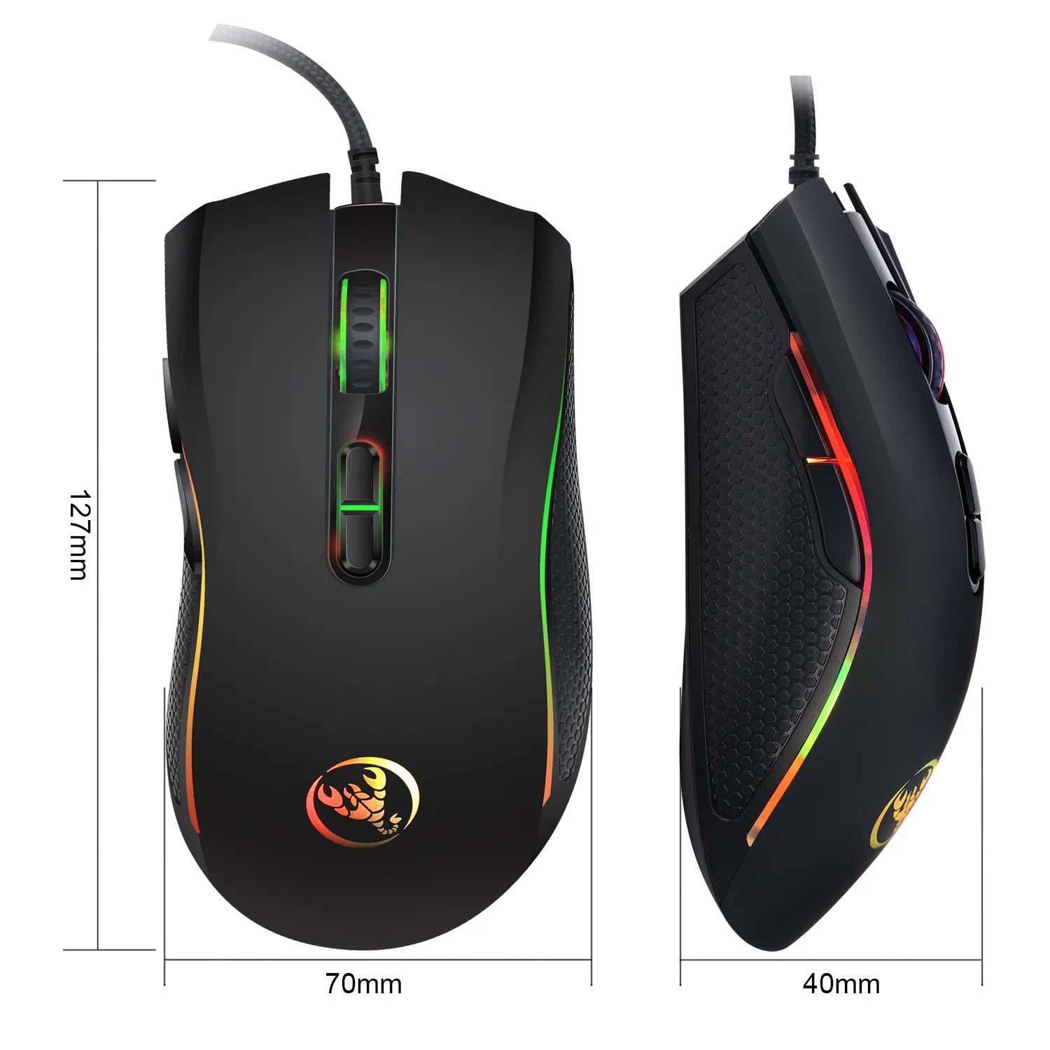 White and black gaming keyboard and mouse set with colour backlight on desk beside notebook computer