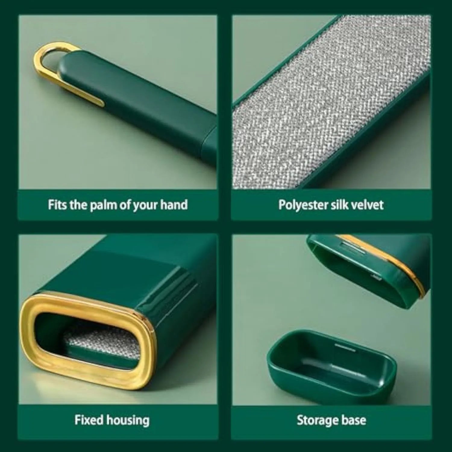 Double-sided pet hair remover brush in blue, green or white with storage box base