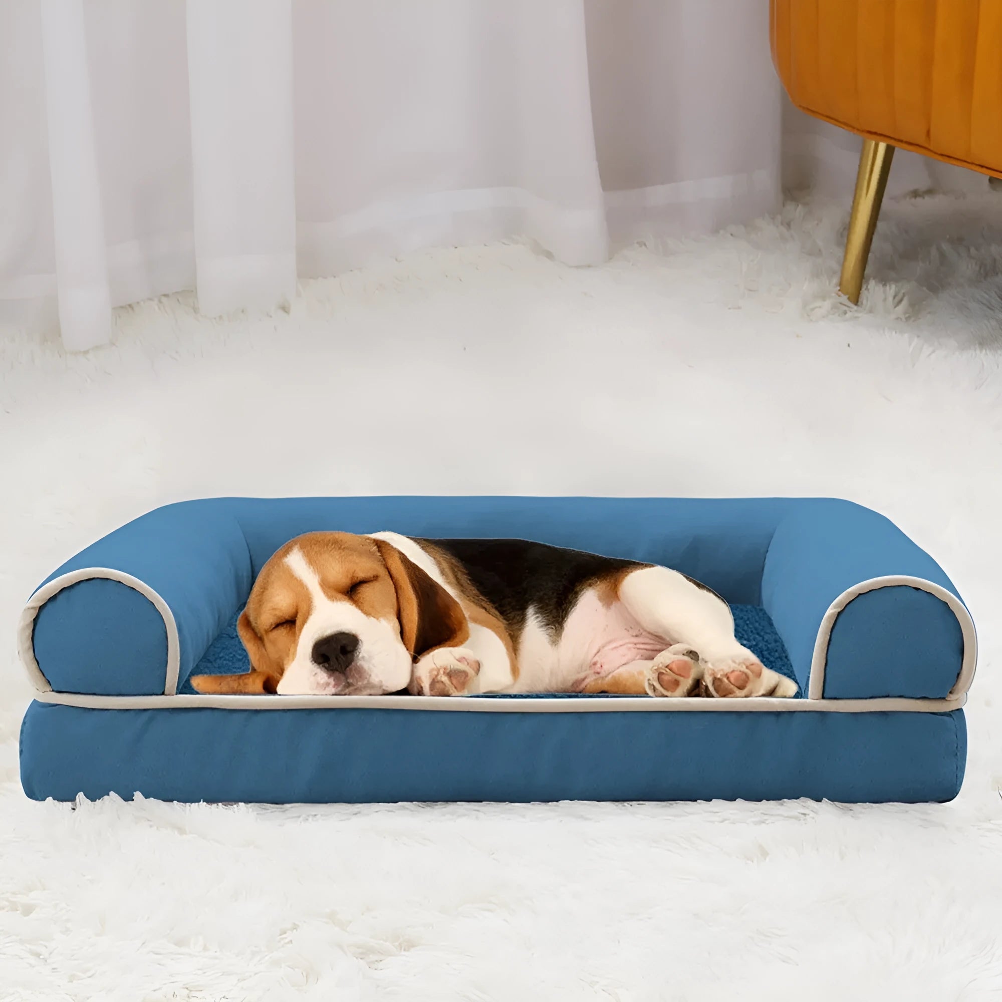Square sponge dog bed with cloth cover in blue colour showing dimensions