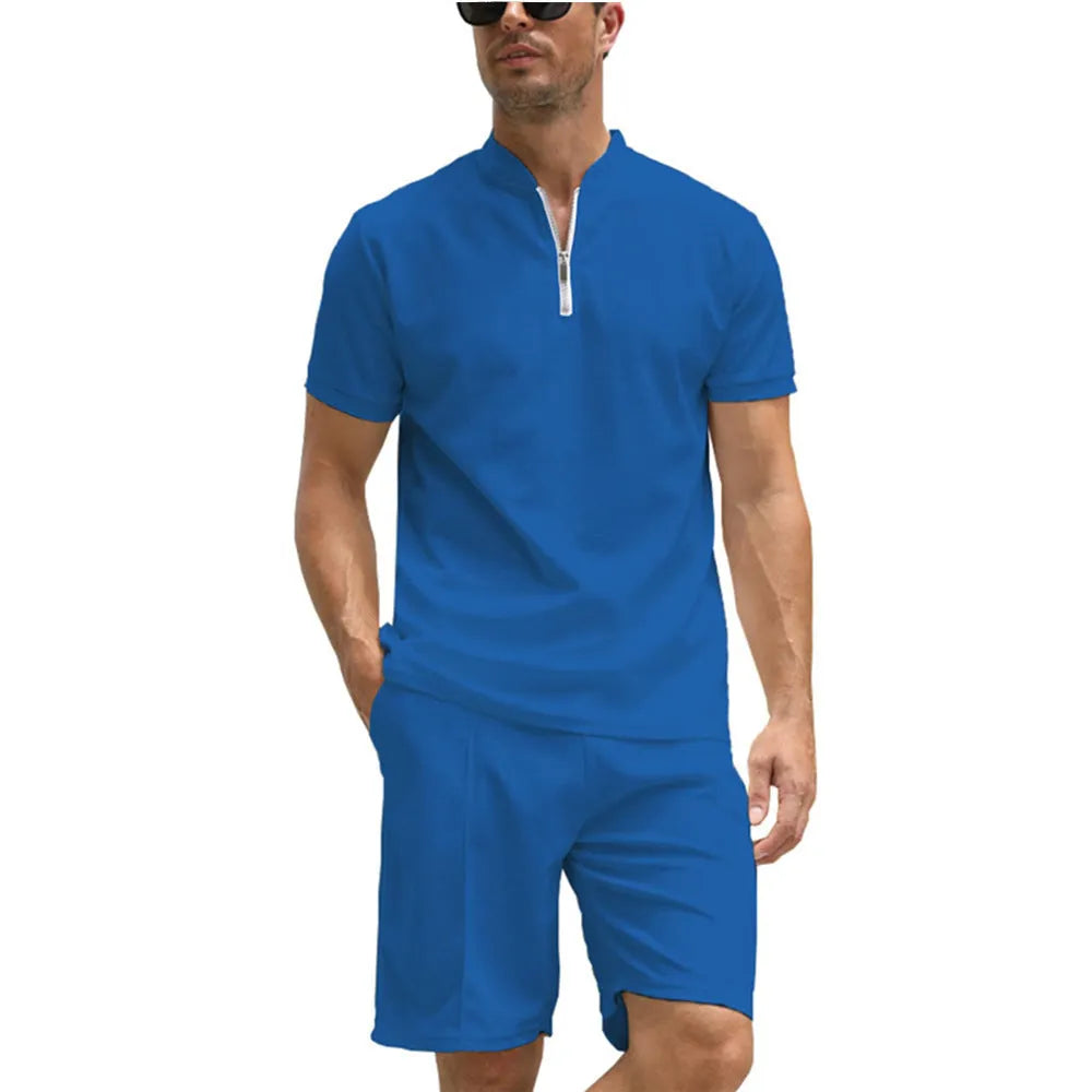 Men's solid colour two-piece polo set with short sleeves and matching trousers