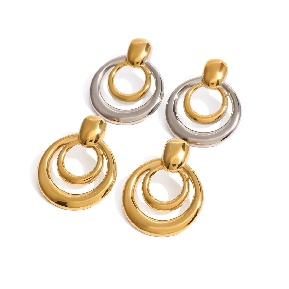 Golden round double-layer hollow stud earrings with geometric design and 18K gold plating