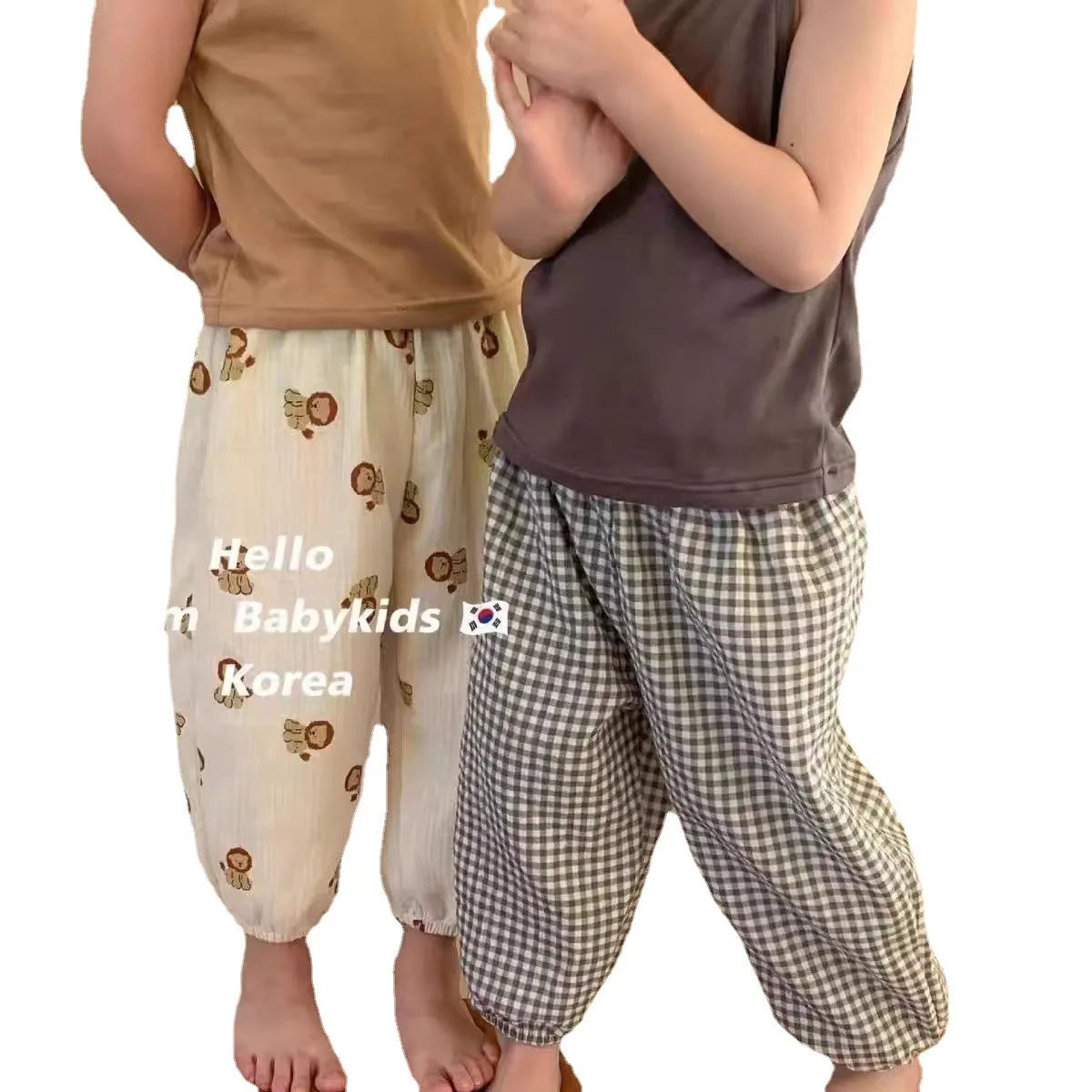 Korean-style double-layer ankle-tied ultra-thin cropped pants for toddlers, cotton anti mosquito pants with cartoon pattern, white bear design