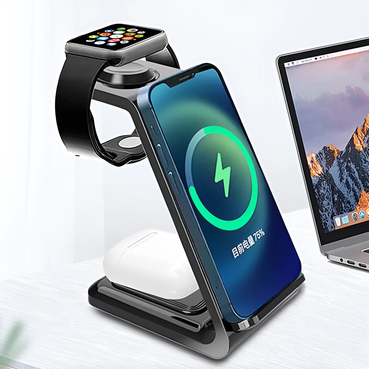 White upright wireless phone charger with dual-coil design and QC3.0 support on a desk.