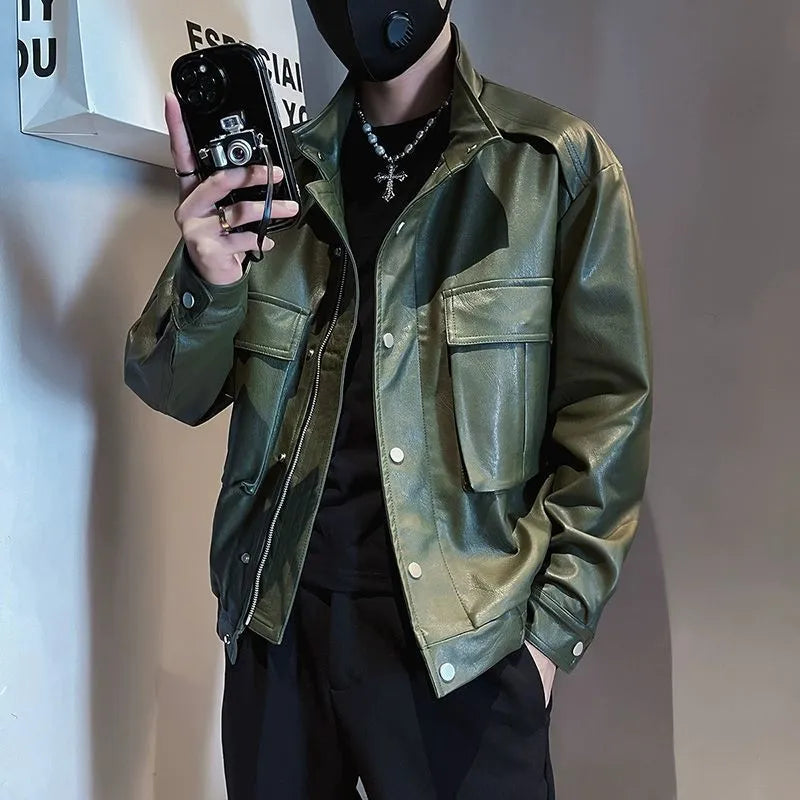 Men's black Korean-style PU leather jacket with straight hem and side pockets for spring and autumn wear
