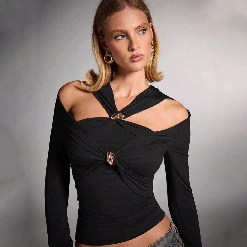 Black women's halter top with shoulder-baring strapless design and long sleeves