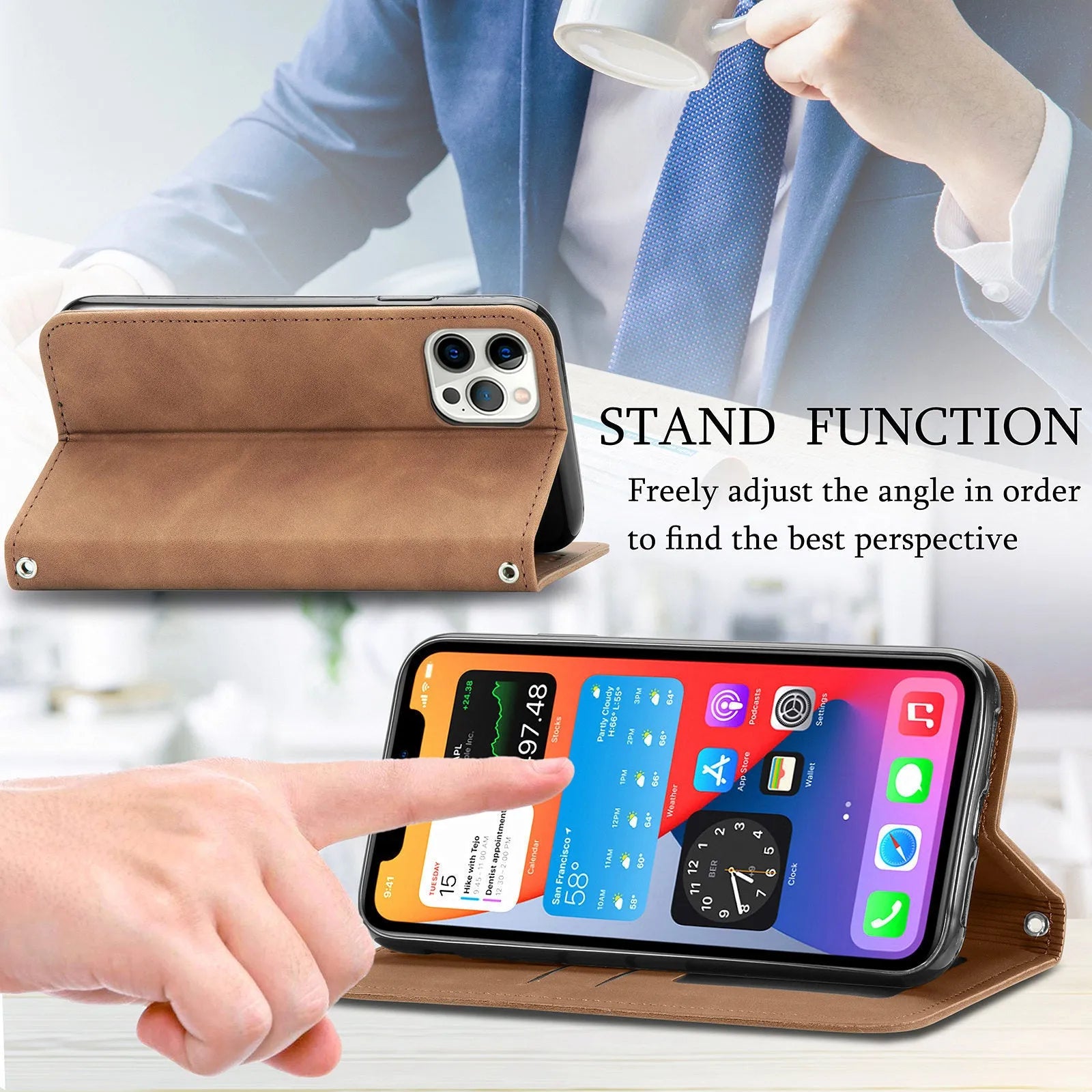 Blue TPU leather magnetic shockproof phone case for Apple iPhone with invisible bracket