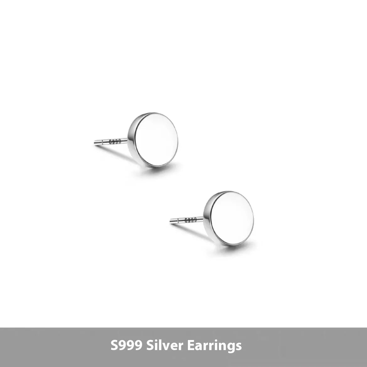 A pair of S999 sterling silver round flat stud earrings on a plain background, showing silver and black colour options.