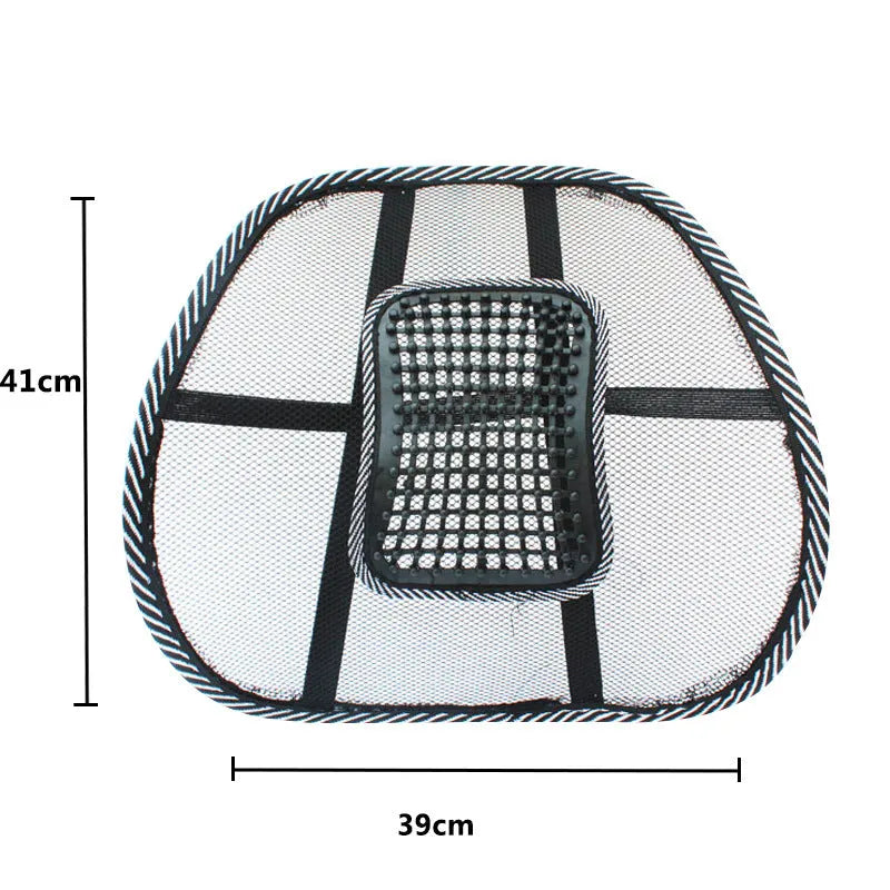 Black car lumbar support pillow with leather nail pattern and steel wire frame measuring 41x39cm