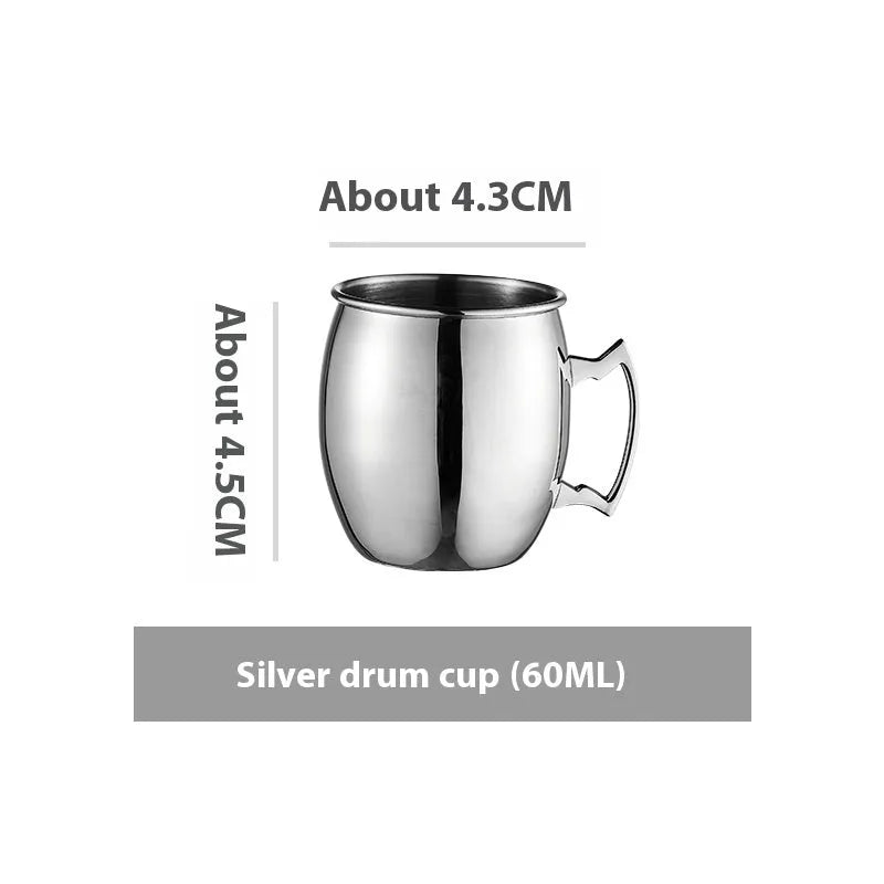 Copper plated stainless steel Moscow Mule mug in hammered and smooth styles, shown in silver, gold, rose gold, and black.
