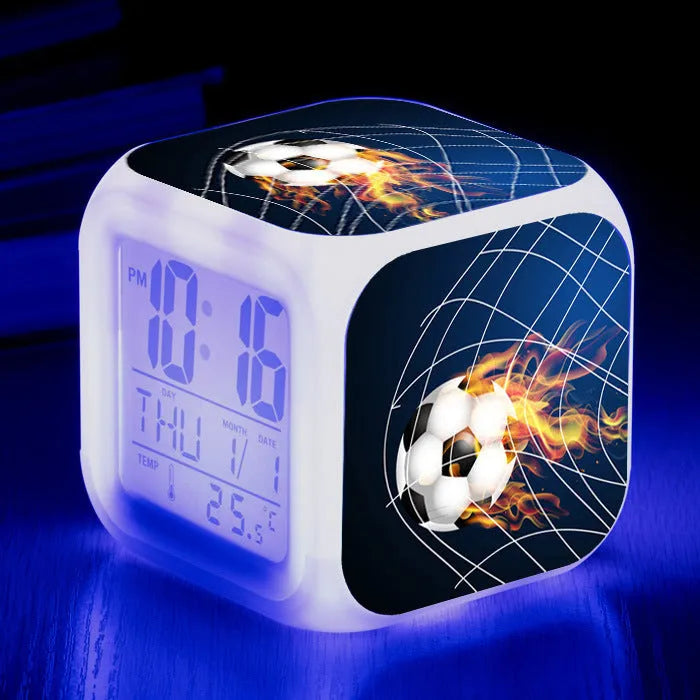 Colourful cartoon football pattern square alarm clock with mute function and USB cable