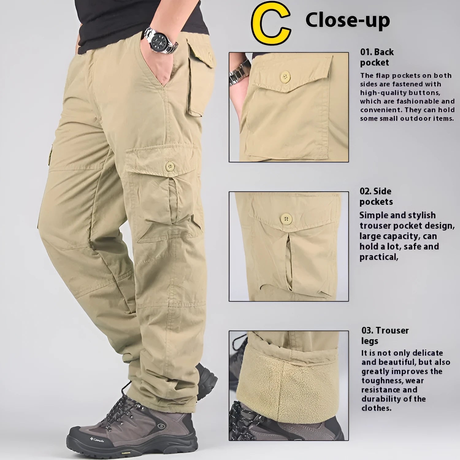 Men's thickened velvet overalls with wool lining in khaki colour, showing loose fit and straight leg style.