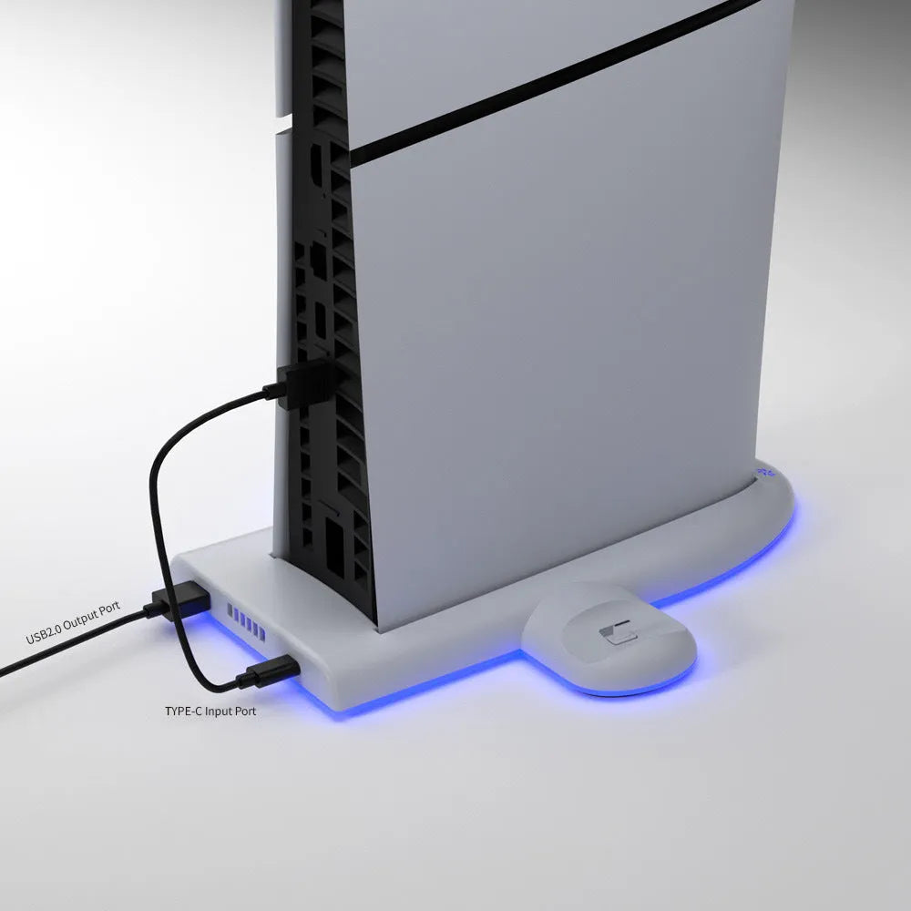 White PS5 Slim charging base with RGB lighting and cooling fan dimensions 29x22.8x3cm
