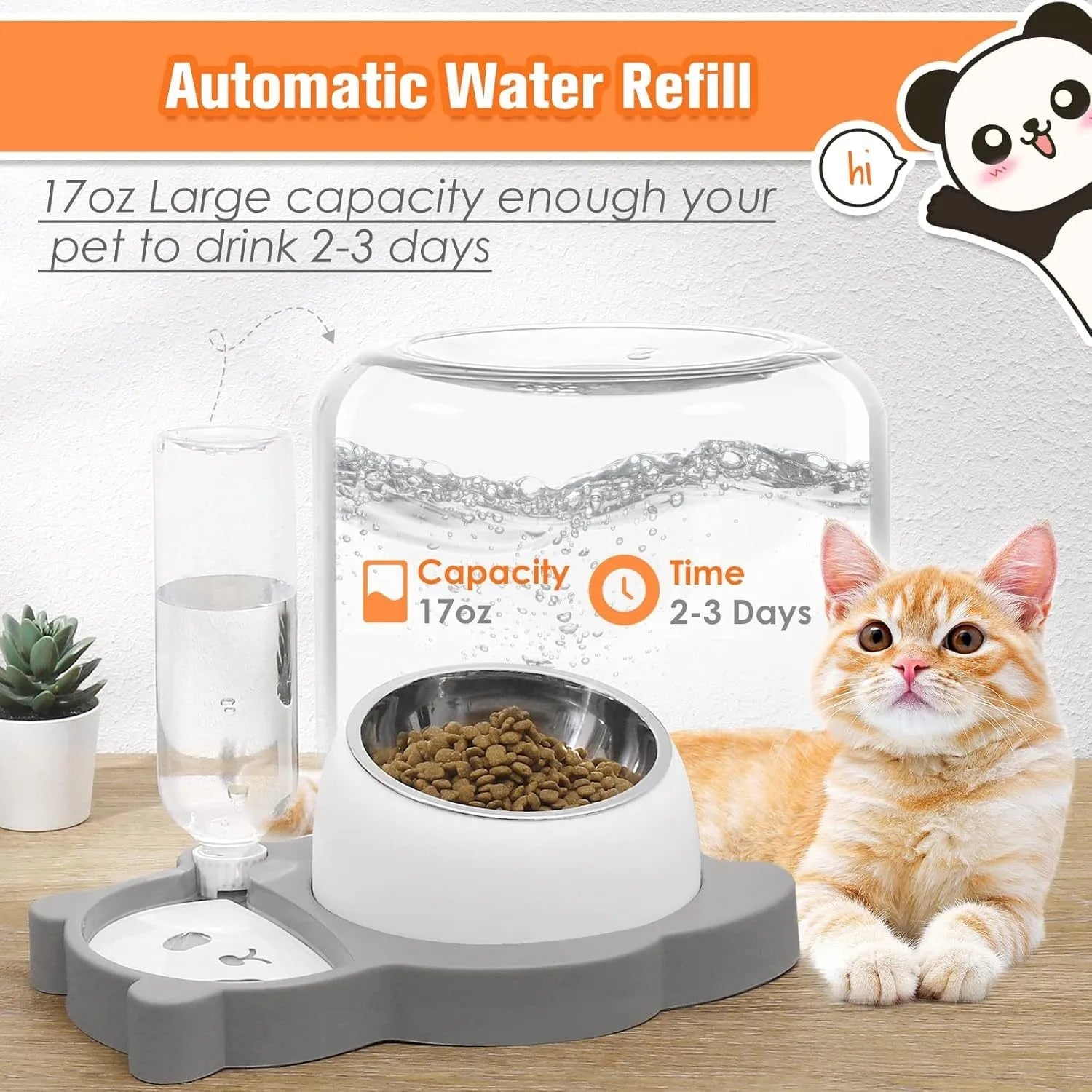 Grey panda-shaped automatic pet water dispenser with tilted stainless steel bowls for cats and small dogs