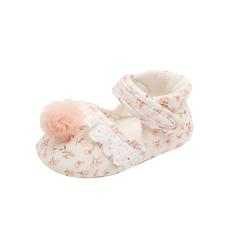 Children's cotton floral princess shoes with Velcro fastening, low top, small flower heels