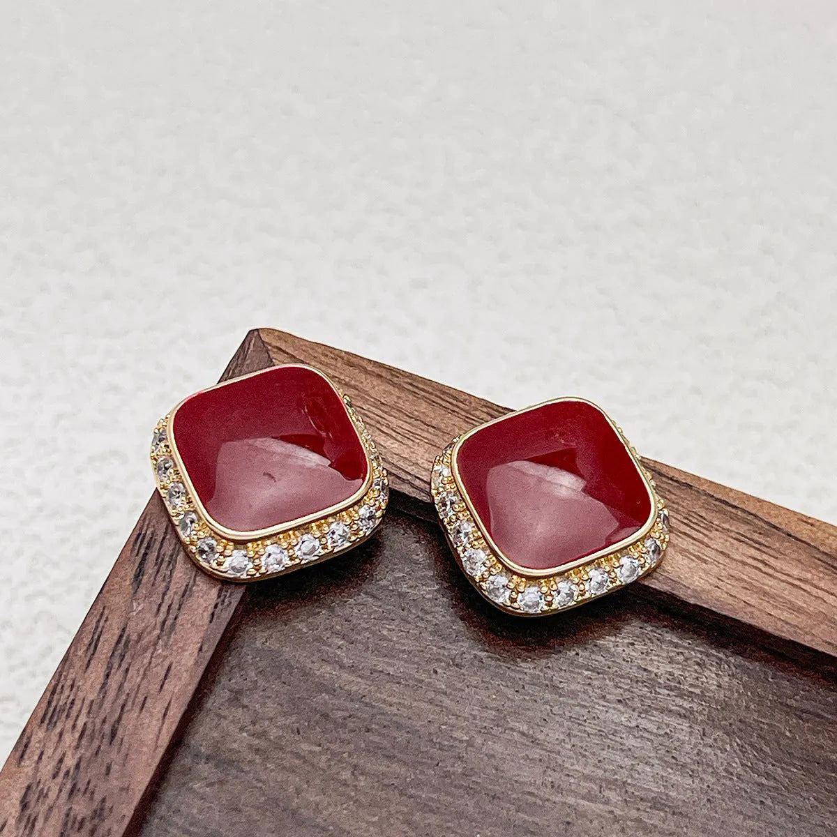Red alloy square geometric plate earrings with inlaid design for women