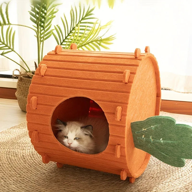 Carrot-shaped soft grey felt cat tunnel with openings, shown in two size options for indoor cats.