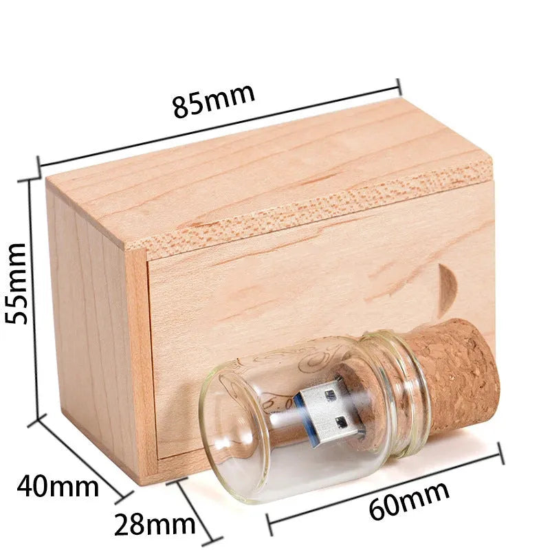 Chocolate brown wooden USB flash drive with custom engraving showing compact dimensions