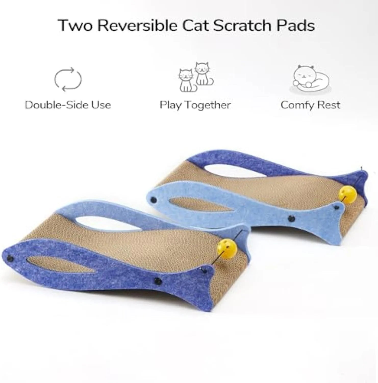 Blue fish-shaped cardboard cat scratcher lounge with bell ball toy for indoor cats