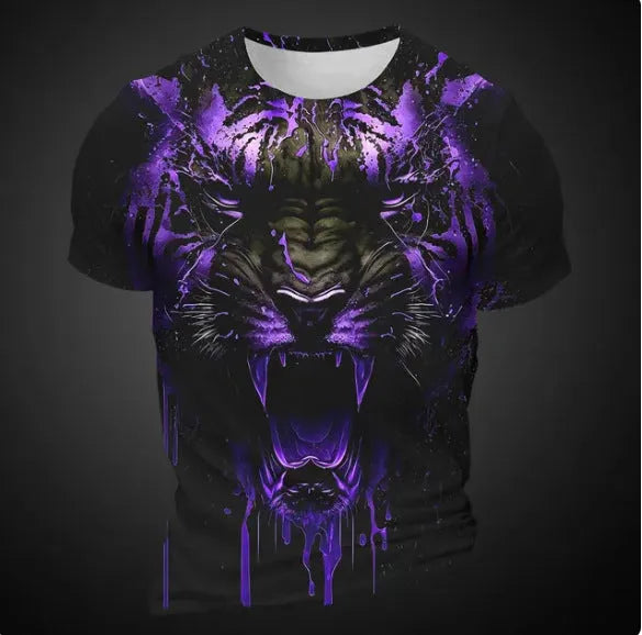 Men's 3D tiger pattern printed T-shirt in polyester bird eye cloth fabric with short sleeves