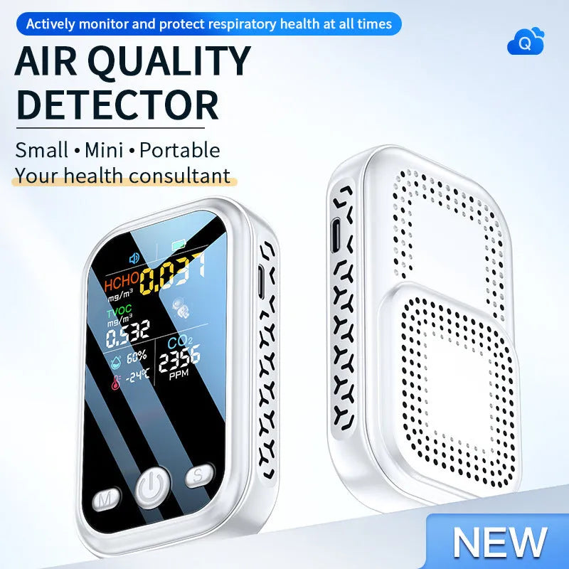 Compact handheld air quality detector measuring air quality, temperature, and humidity in black colour