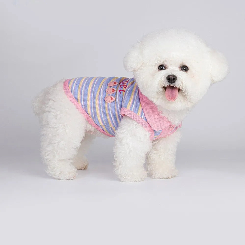 Pink purple dog autumn vest shown with size chart displaying weight ranges from 1.50kg to 11.50kg