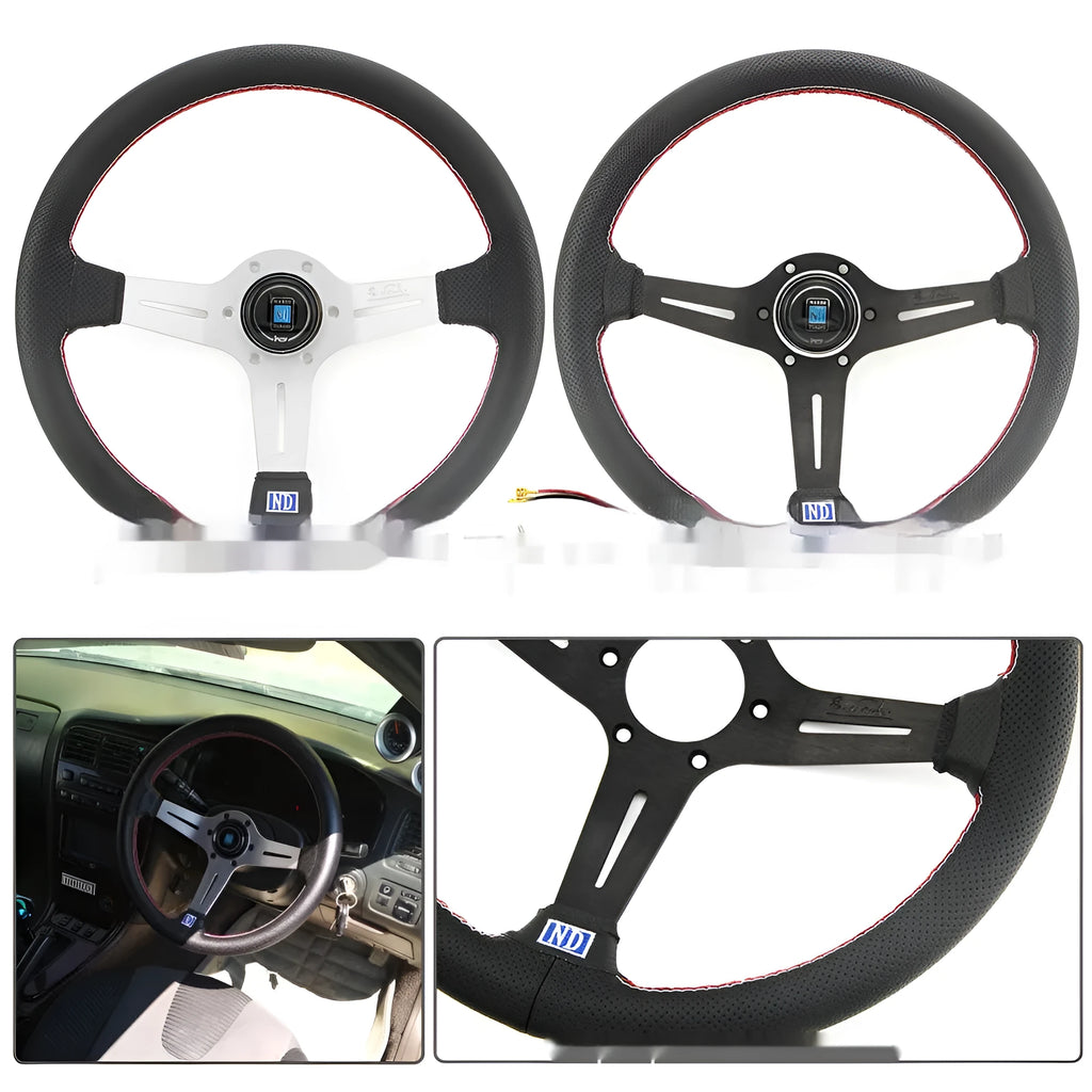 Leather 14-inch steering wheel with middle concave section showing black skeleton option