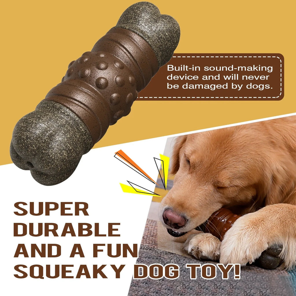 Wood colour plastic bone-shaped dog toy with removable dental cleaning rod inserted.