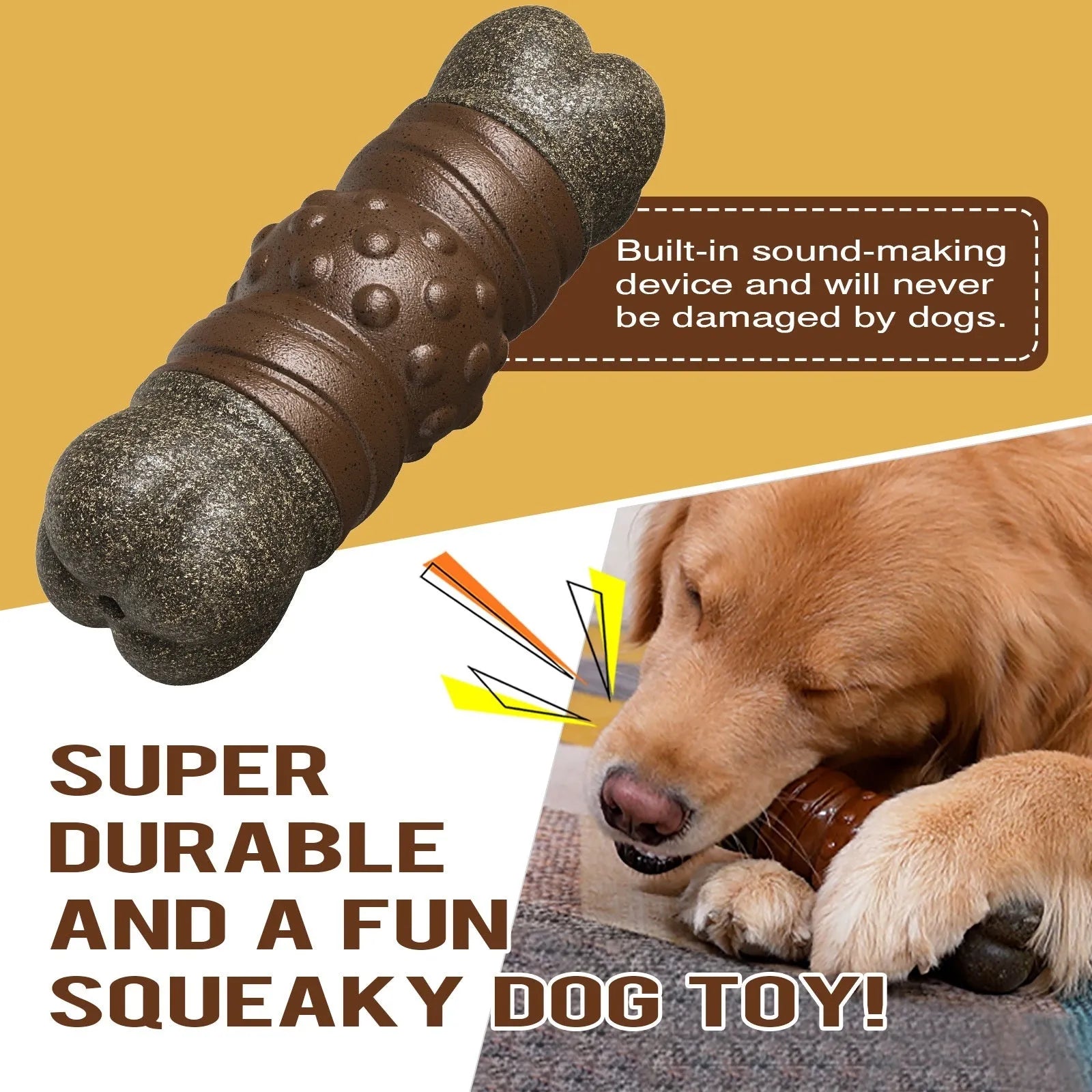 Wood colour plastic bone-shaped dog toy with removable dental cleaning rod inserted.