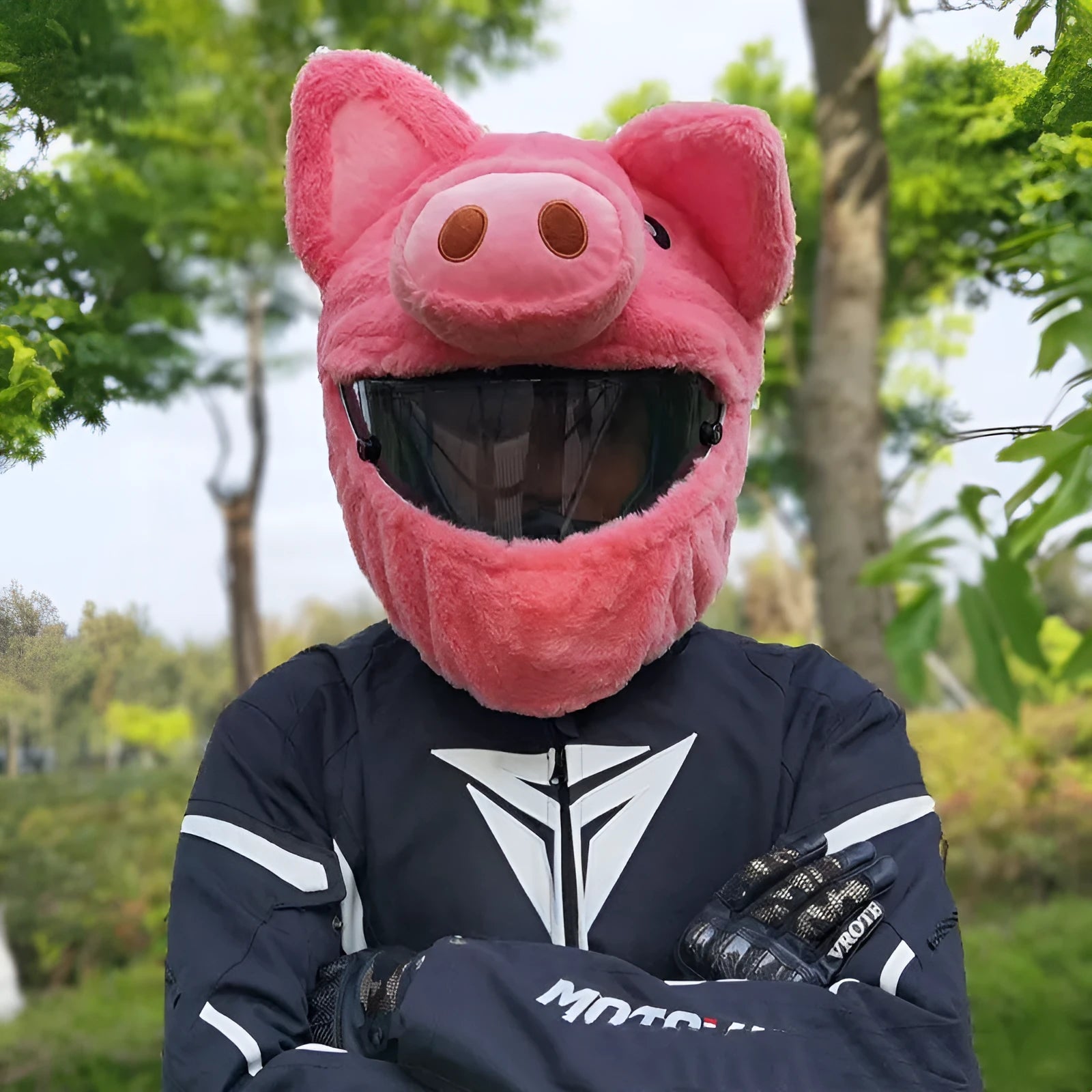 Pink pig cartoon design plush protective hood for motorcycle helmets with storage sleeve