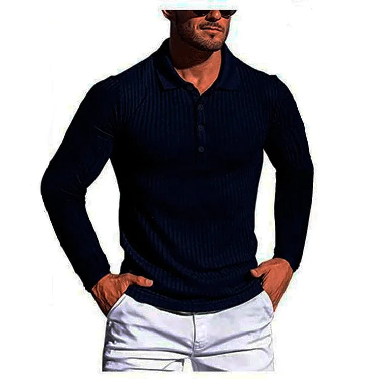 Men's striped summer shirt in elastic knit fabric showing loose fit and short sleeves