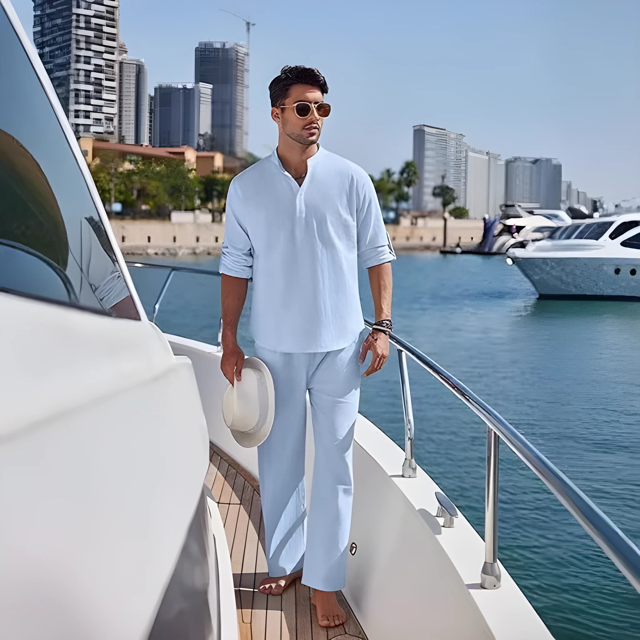 Men's solid colour cotton suit with long sleeve top and trousers in beige, shown laid flat