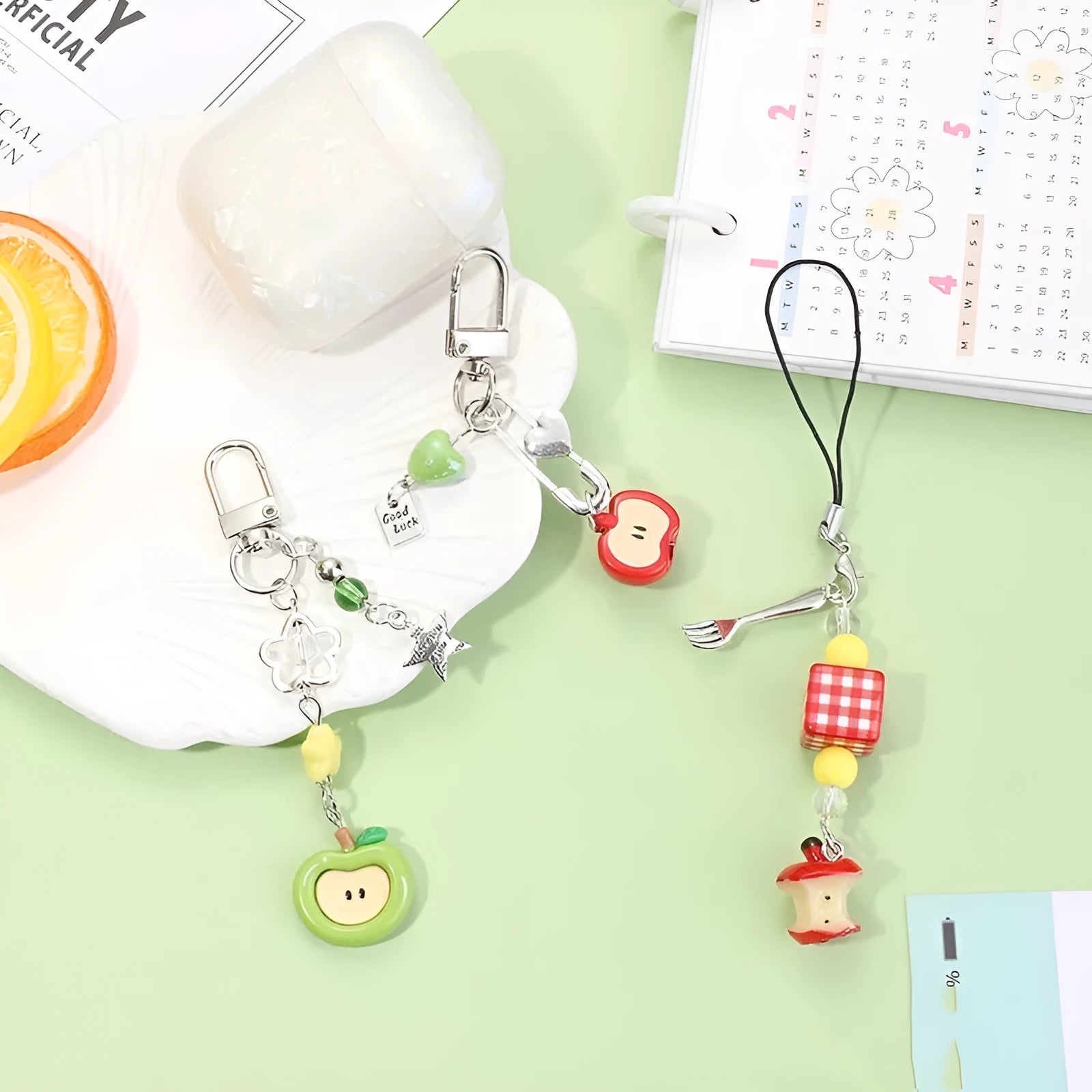 Half-handmade fruit pattern mobile phone earphone bag pendant keychain with apple and strawberry designs