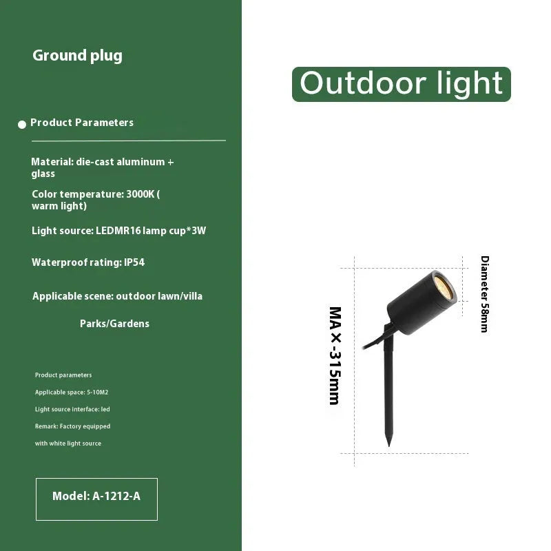 Aluminium outdoor ground lamp with spike base and plug-in cable for garden lighting