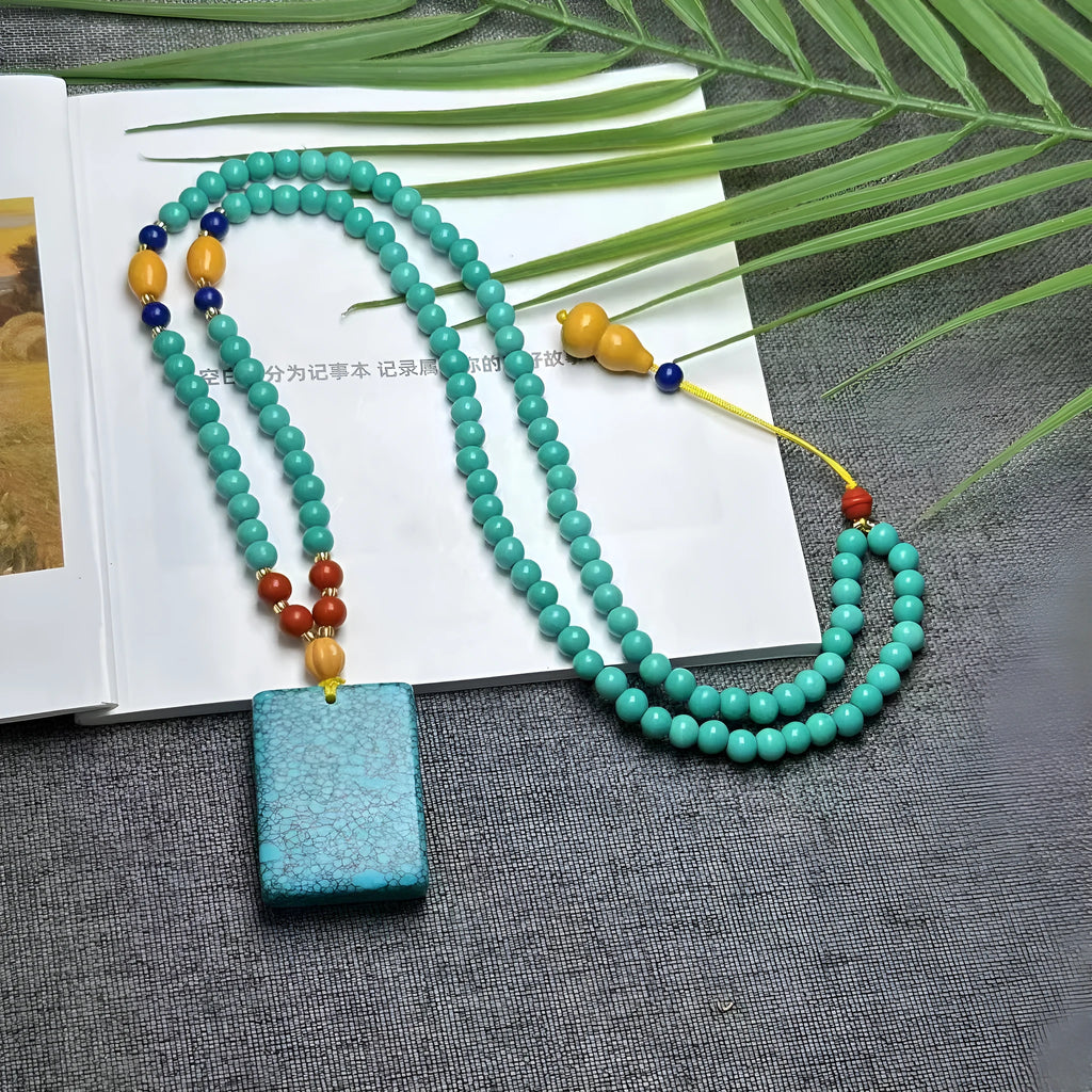 Turquoise stone mesh flower lucky pendant necklace with ball bead chain, adjustable 71-80cm length