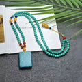 Turquoise stone mesh flower lucky pendant necklace with ball bead chain, adjustable 71-80cm length