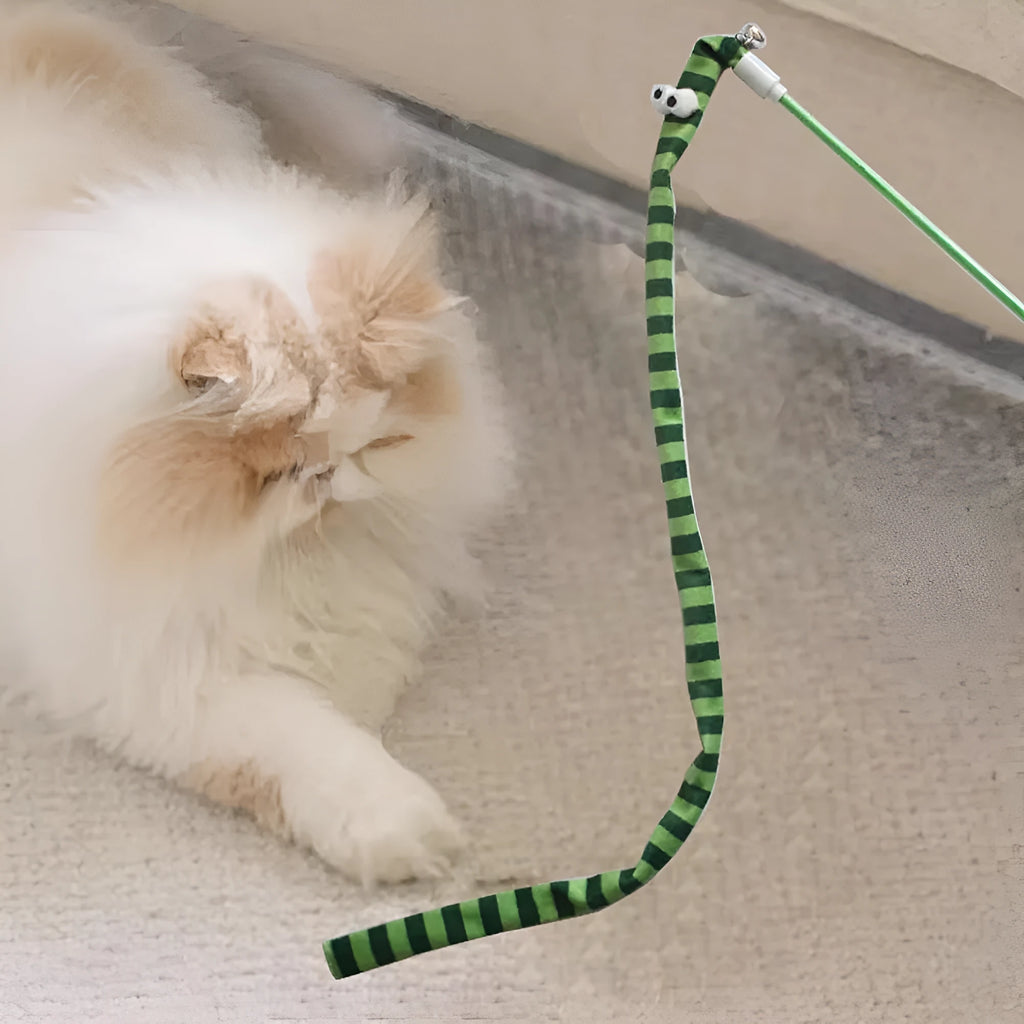 Colourful cat teaser wand toy with a long plush strip and bell on a polycarbonate handle.