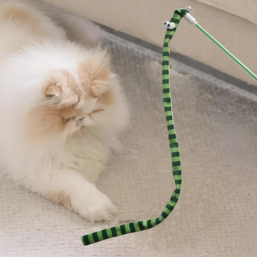 Colourful cat teaser wand toy with a long plush strip and bell on a polycarbonate handle.