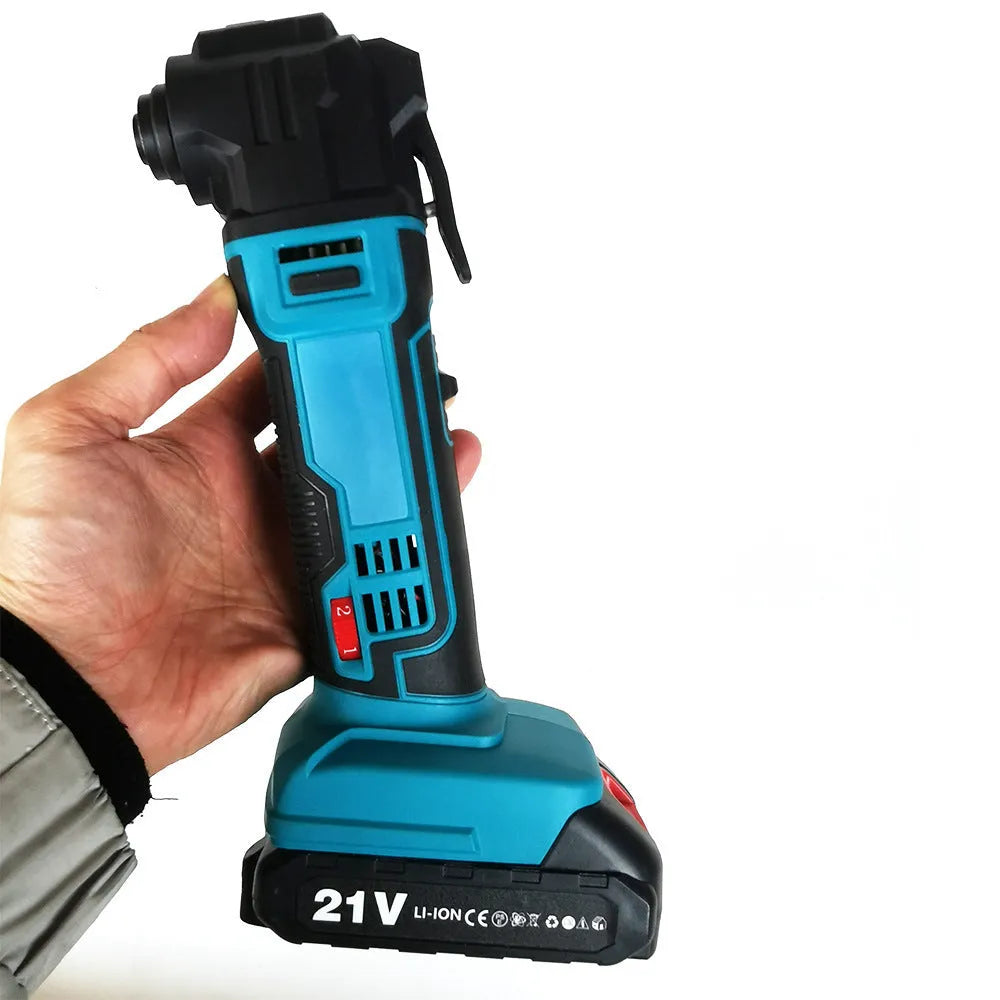 Rechargeable cordless grass trimmer with metal body and plastic accessory box.