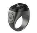 Zikr1 smart ring in black green rose gold silver colours with OLED display showing prayer times