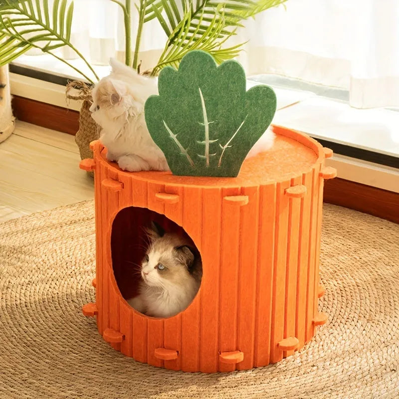 Carrot-shaped soft grey felt cat tunnel with openings, shown in two size options for indoor cats.