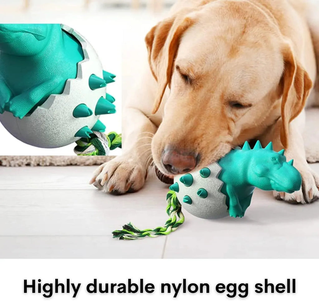 Blue dinosaur-shaped rubber dog chew toy with rope and textured cleaning nubs for aggressive chewers.