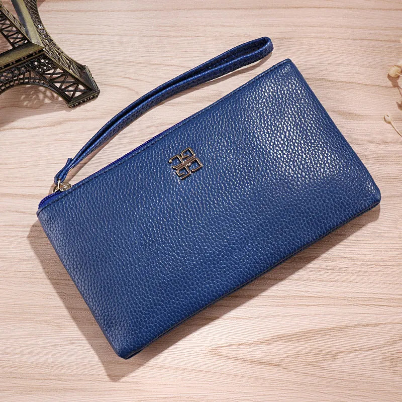55-inch long PU leather phone wallet zipper handbag in solid colour with sewing line detailing
