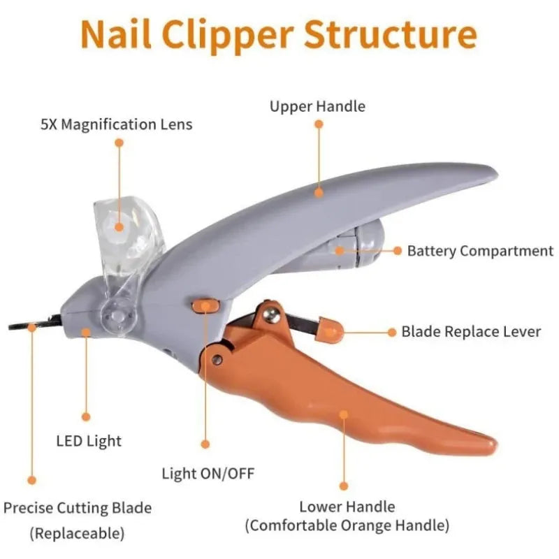 Yellow pet nail clippers for dogs and cats with built-in LED light and magnifying glass