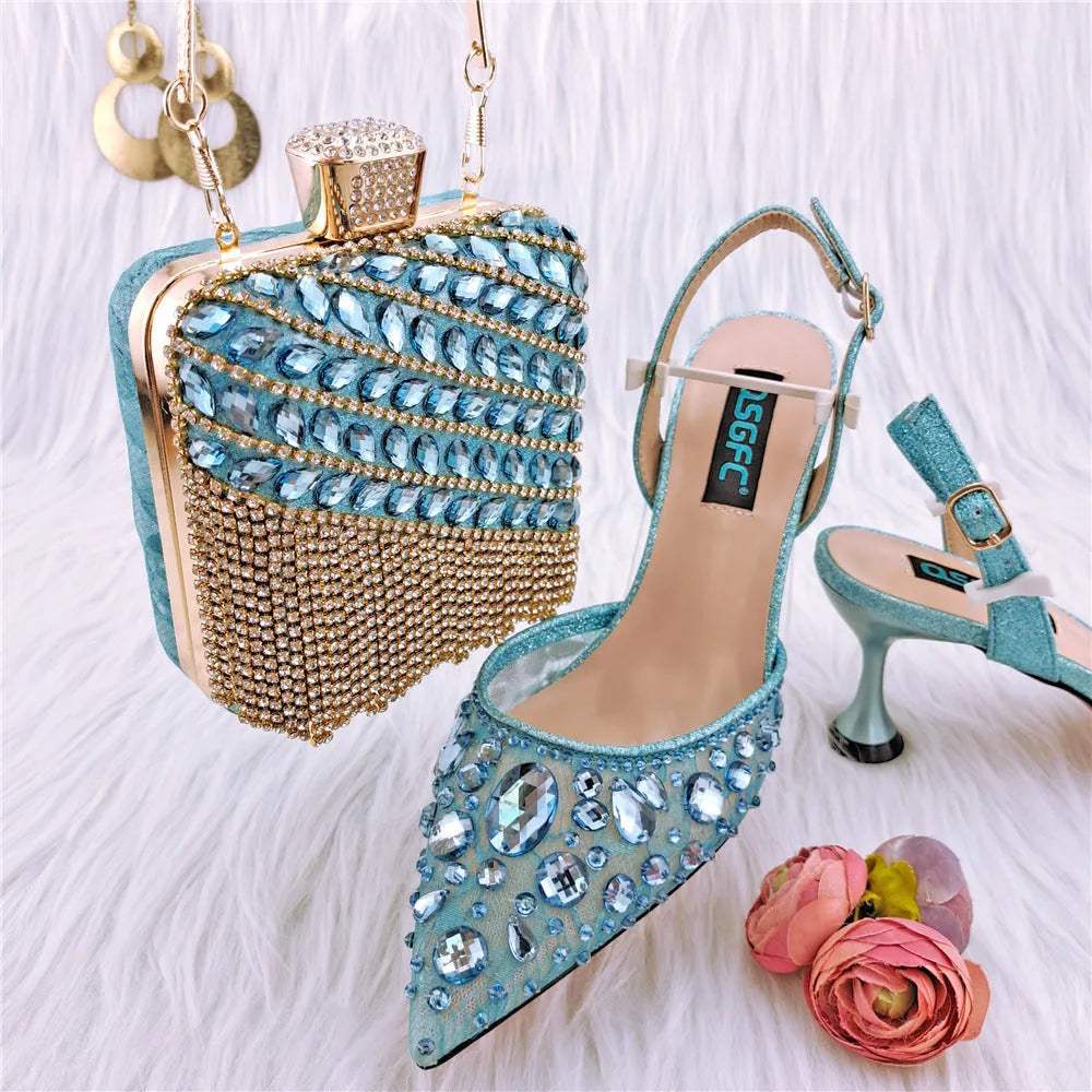 Ladies' party sandals high heels thin heel 6-8cm with matching diamond bag, rubber sole, PU inner, sizes 38-43