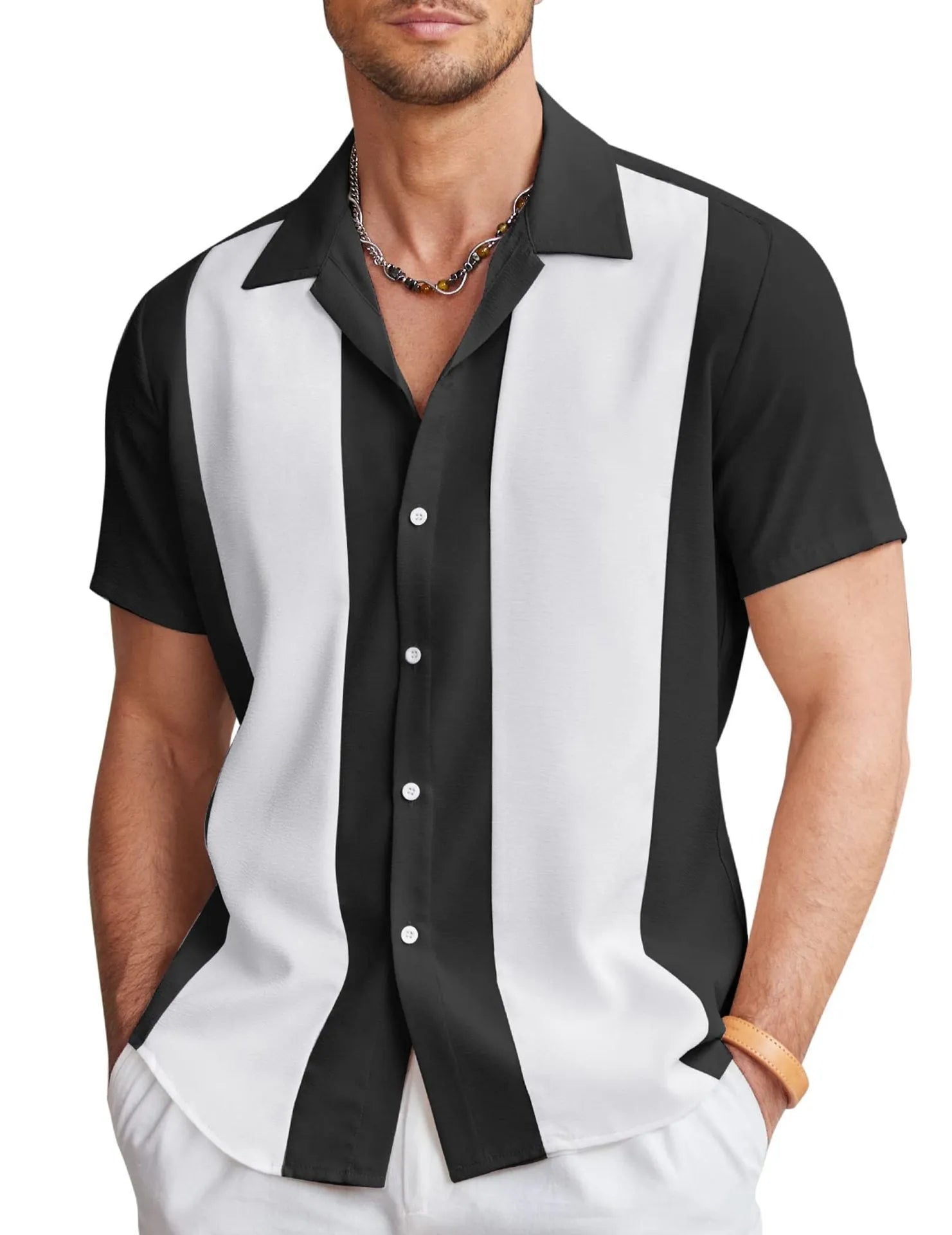 Men's slim fit Hawaiian short sleeve shirt in a digitally printed pattern.