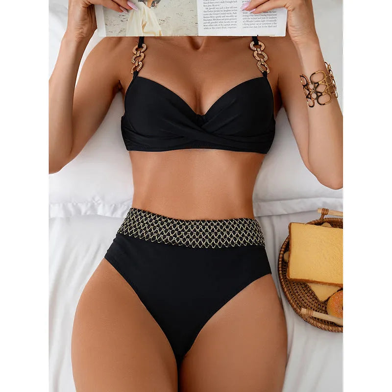 Black women's two-piece bikini swimsuit with a sleeveless top and split briefs.