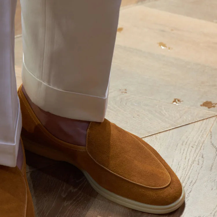 British handmade full grain leather men's loafers in brown with a low-cut design and TPR sole.